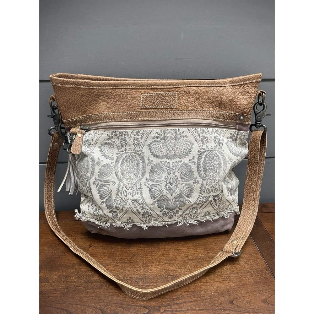 Myra Brandish Shoulder Bag Floral Block Print Canvas w/ Camel Color Leather